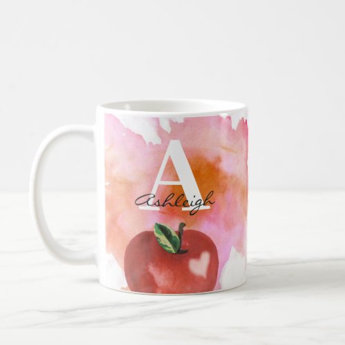 Teacher Apple Heart Monogram Name Red Pink Coffee Mug