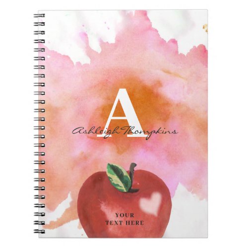 Teacher Apple Heart Monogram Name Red Pink Notebook