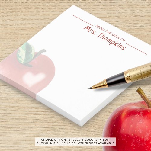 Teacher Apple Heart Red Name Watercolor Post_it Notes