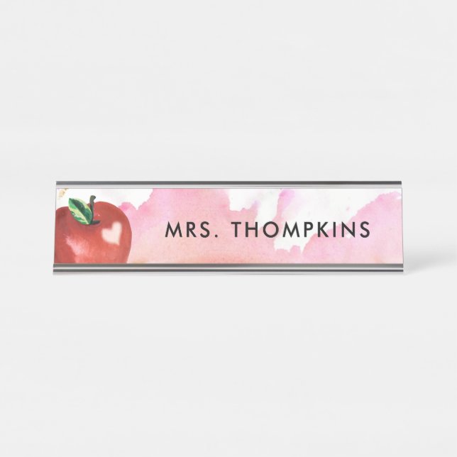 Teacher Apple Heart Red Pink Watercolor Desk Name Plate (Front)