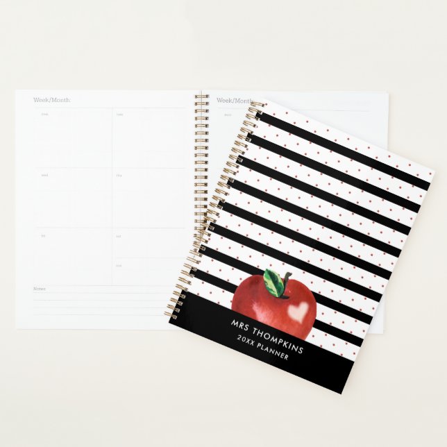 Teacher Apple Heart Stripes Dots Personalized Planner (Display)