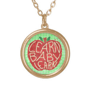 Teacher Apple Learn Baby Learn School Typography Gold Plated Necklace