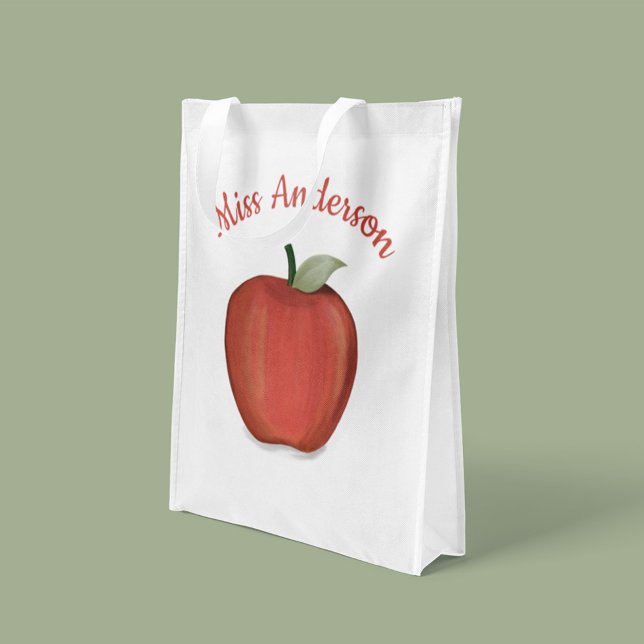 Teacher Apple Personalized Name Classroom Grocery Bag (Teacher tote bag with striped pattern design on reverse side.)