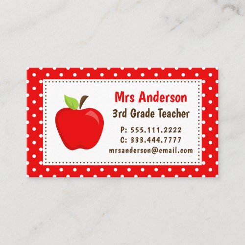 Teacher Apple Red Polka Dots Business Card