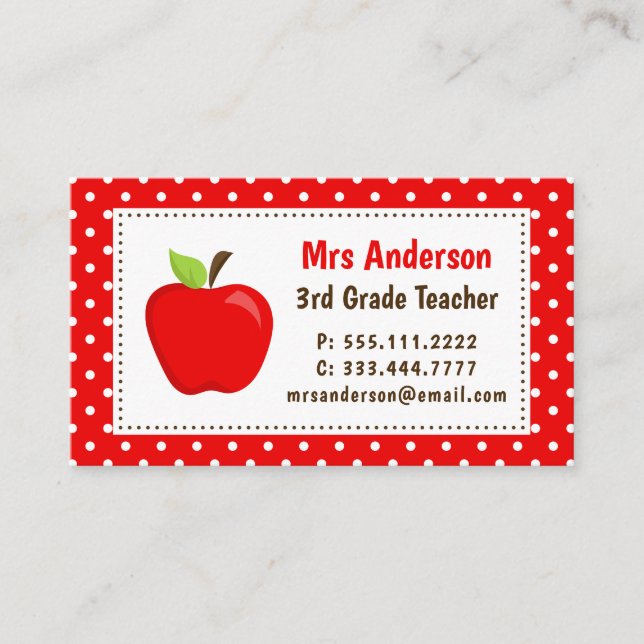 Teacher Apple Red Polka Dots Business Card (Front)