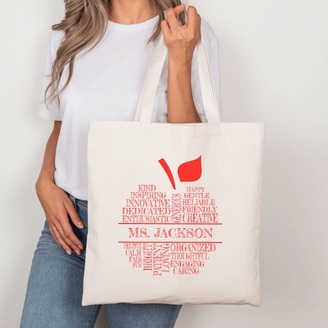 Teacher Apple Typography Red and White Tote Bag (Creator Uploaded)