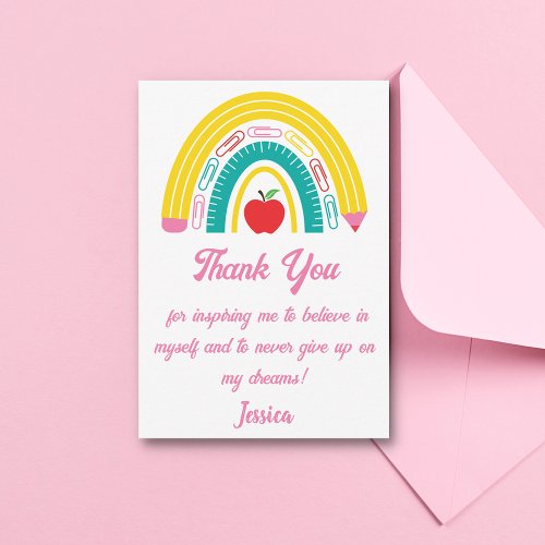  teacher appreciation colorful rainbow pink script thank you card