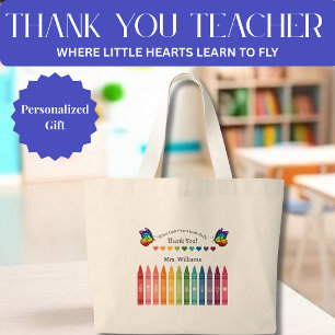 Teacher Appreciation-Crayons Hearts Butterflies Large Tote Bag