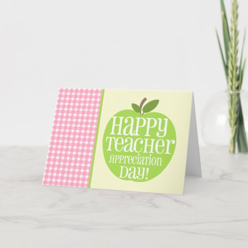 Teacher Appreciation Day Green Apple Pink Gingham Card