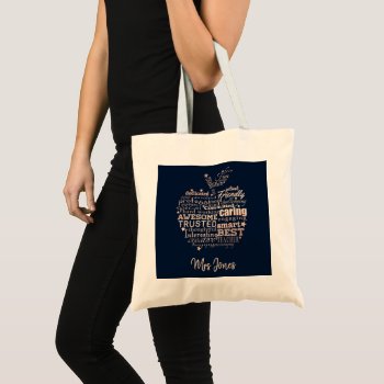 Teacher Appreciation Gift Gold Glitter Apple Word Tote Bag by GenerationIns at Zazzle
