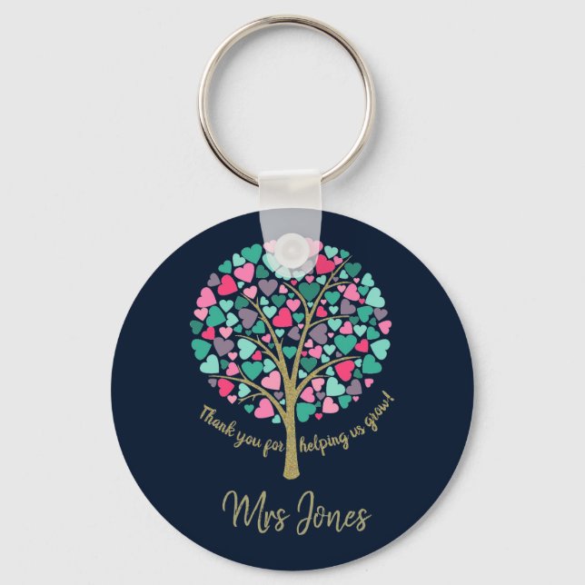 Teacher appreciation gift gold glitter heart tree keychain (Front)