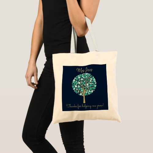 Teacher appreciation gift gold glitter heart tree tote bag