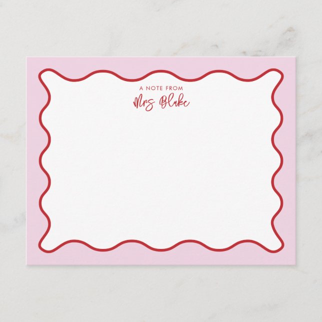 Teacher Appreciation Pink Red Wavy Note Card (Front)