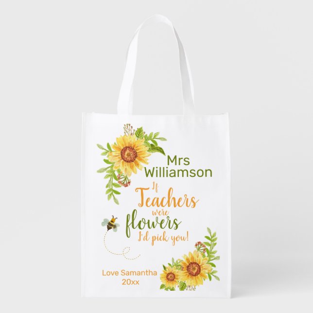 Teacher Appreciation Quote Floral Personalized Grocery Bag (Front)