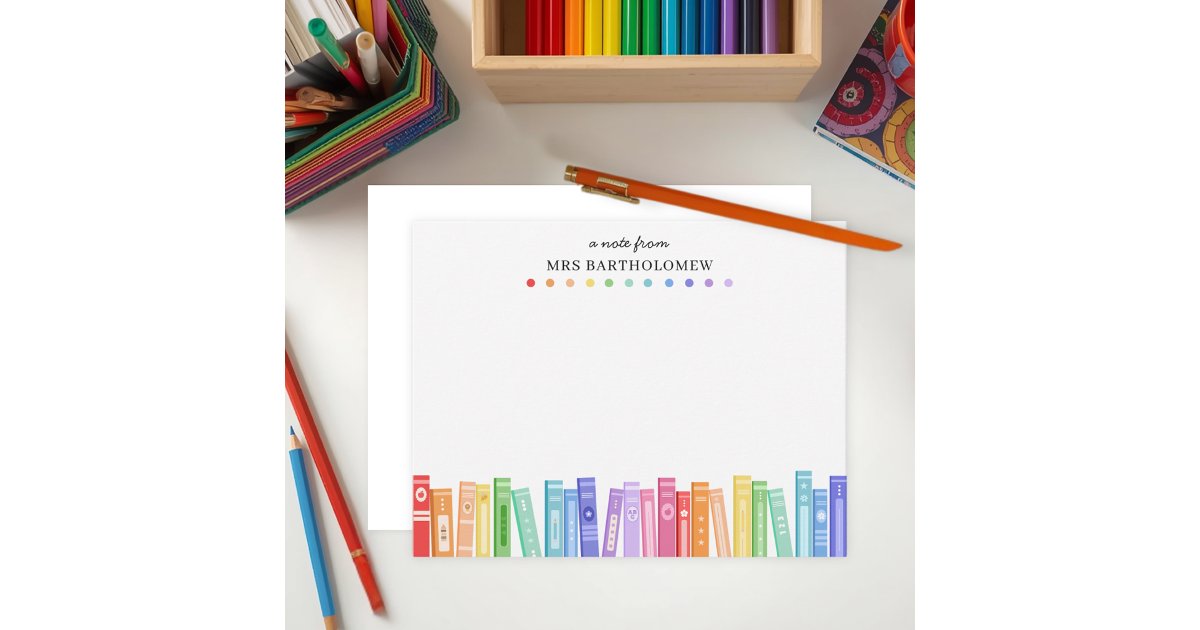 Teacher Appreciation Rainbow Color Books Custom Note Card | Zazzle
