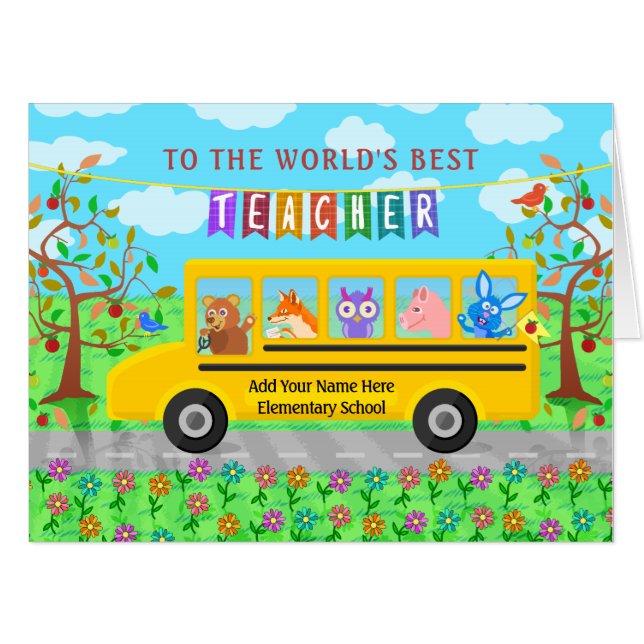 Teacher Appreciation Thank You | Cute Bus Animals Card (Front Horizontal)