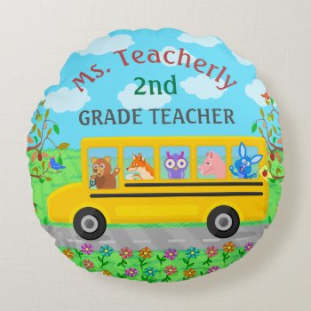 Teacher Appreciation Thank You | Cute Bus Animals Round Pillow by HaHaHolidays at Zazzle