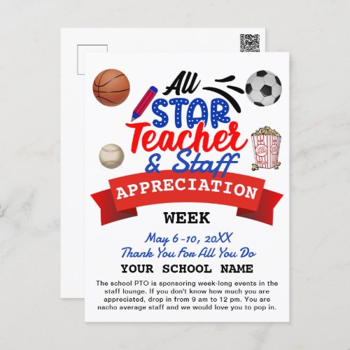 Teacher Appreciation Week All Star PTO Itinerary Postcard