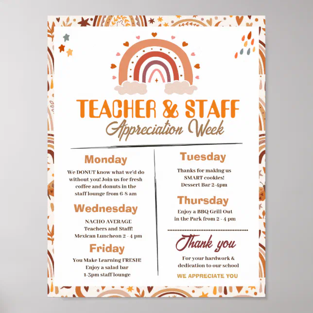 Teacher Appreciation Week Itinerary editable Poster | Zazzle