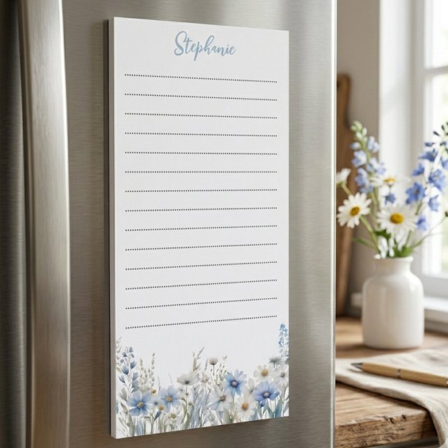 Teacher Appreciation Wildflower Botanical Floral Magnetic Notepad (Blue wildflower notepad for a teacher — lovely birthday gift idea for her)