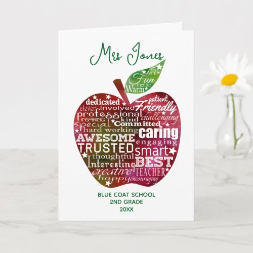 Teacher appreciation word art apple thank you card