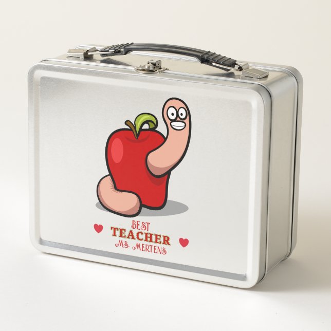 Teacher Appreciation Worm in Apple Add Name Metal Lunch Box (Front)