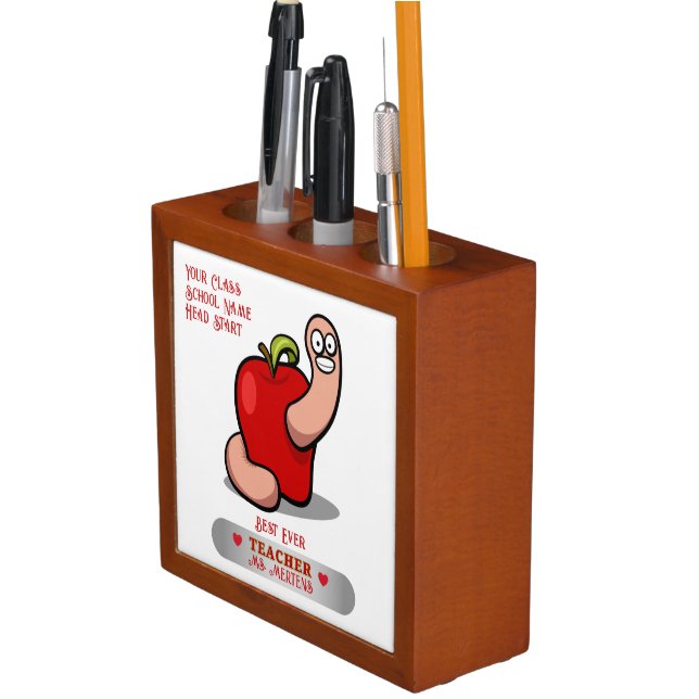 Teacher Appreciation Worm in Apple Add Name Pencil Desk Organizer (In Situ)