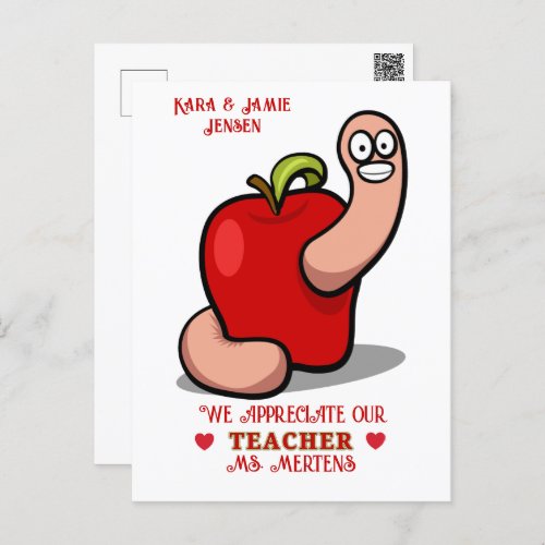 Teacher Appreciation Worm in Apple Add Name Postcard