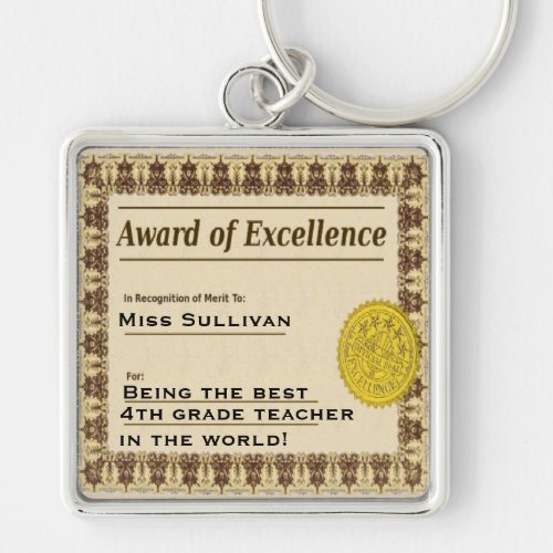 Teacher Award of Excellence Certificate Key Chain