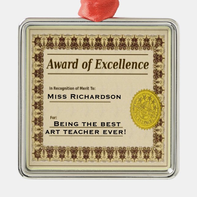Teacher Award of Excellence Christmas Ornament (Front)