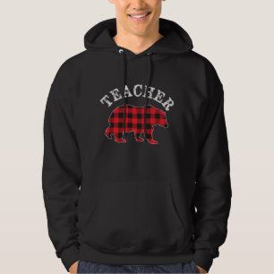 TEACHER Bear RED Black Buffalo Plaid Mama Checker Hoodie