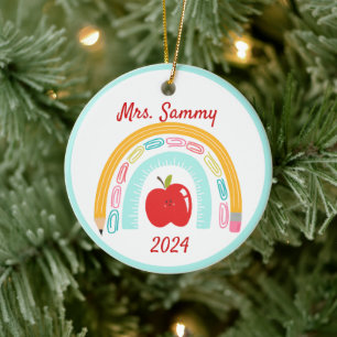 Teacher Boho Rainbow School Custom Christmas gift Ceramic Ornament