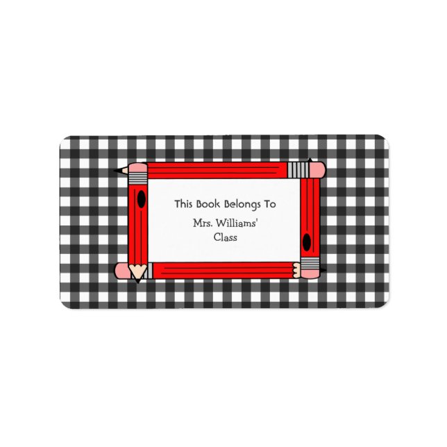 Teacher Bookplate - Gray Gingham & Red Pencils (Front)
