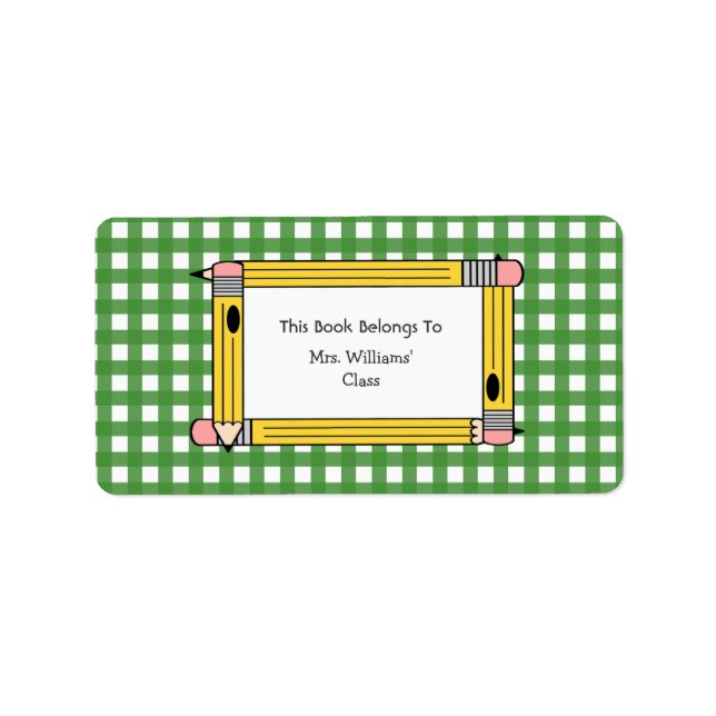 Teacher Bookplate - Green Gingham & Yellow Pencils (Front)