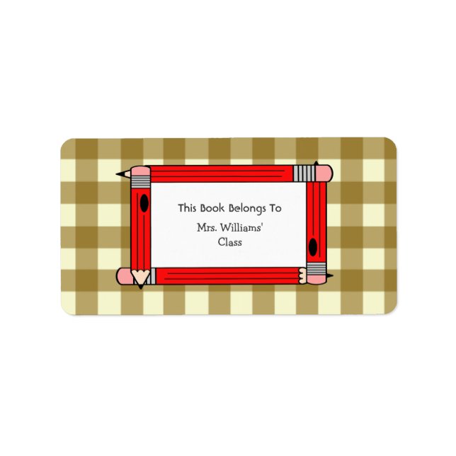 Teacher Bookplate - Tan Gingham & Red Pencils (Front)