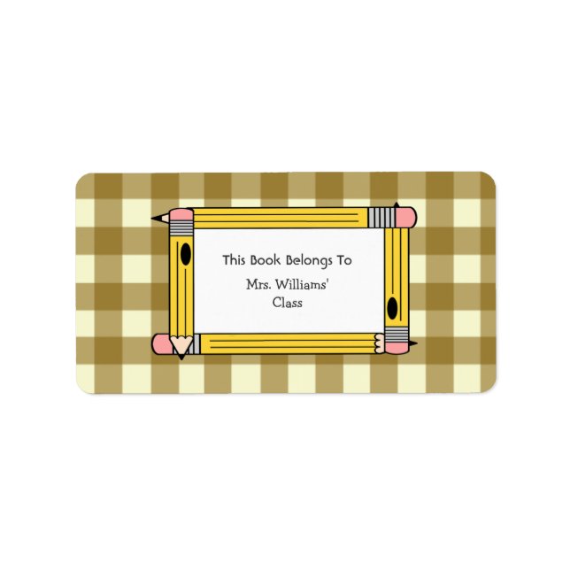 Teacher Bookplate - Tan Gingham & Yellow Pencils (Front)