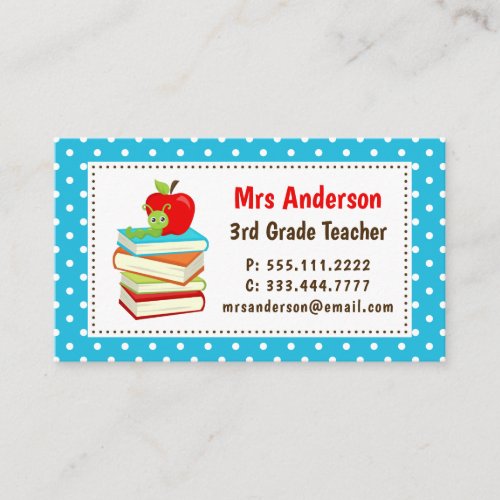 Teacher Bookworm Blue Polka Dots Business Card