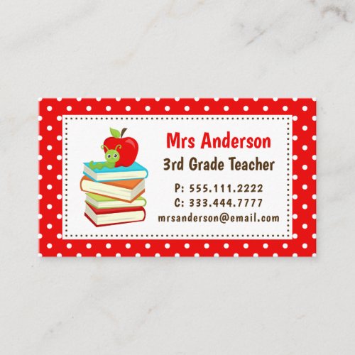 Teacher Bookworm Red Polka Dots Business Card