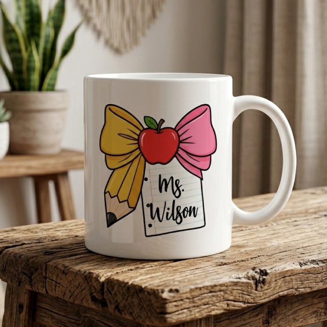 Teacher Bow Pencil Bow Back to School Personalized Coffee Mug (Teacher Bow Mug, Teacher Appreciation Mug, Back to School Teacher Mug, Teacher Graduation Mug)