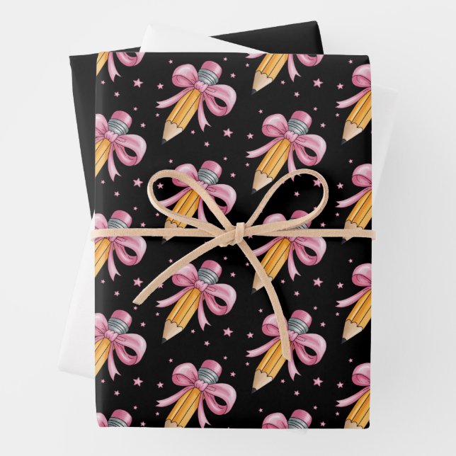 Teacher Bow Pencil Teaching Life Appreciation Gift Wrapping Paper Sheets (In situ)
