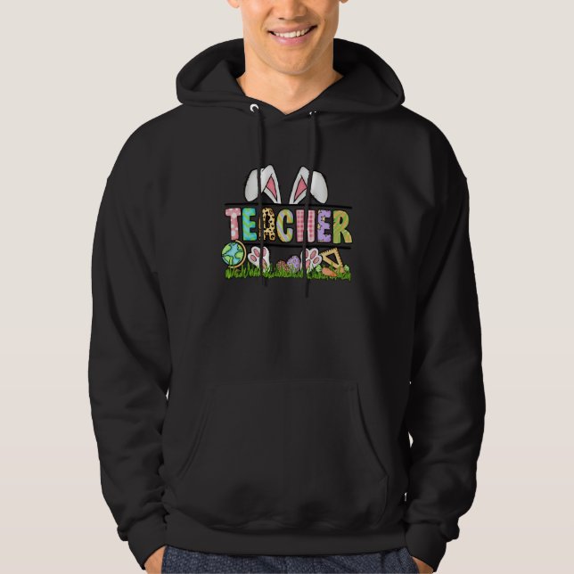 Teacher Bunny Ears Leopard Pink Plaid Rabbit Eggs  Hoodie (Front)