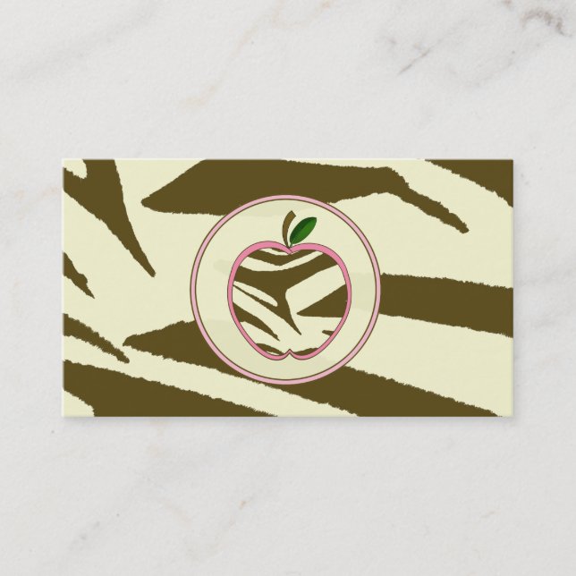 Teacher Business Card - Brown Zebra Print Apple (Front)