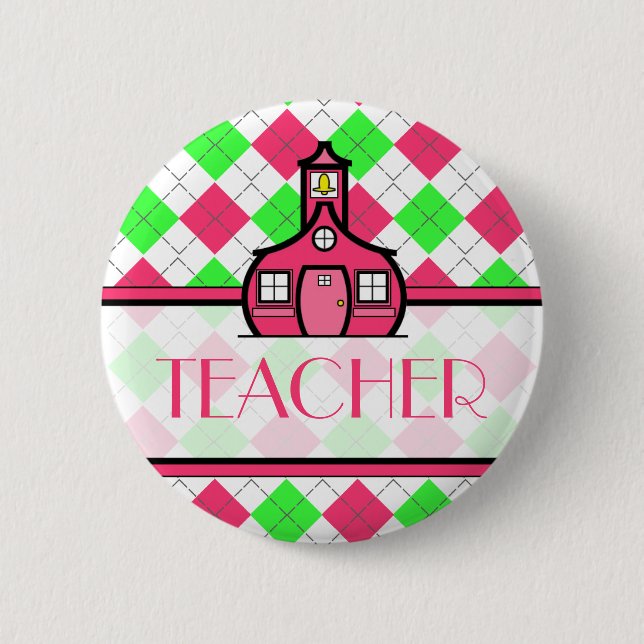 Teacher Button - Pink and Green Argyle (Front)