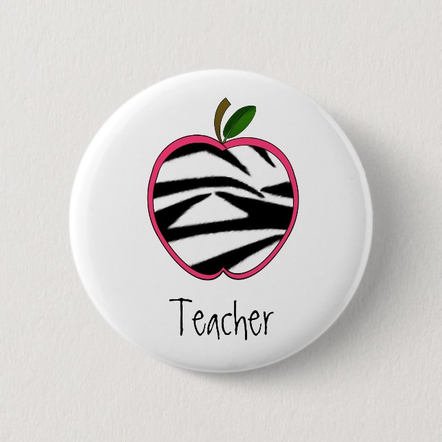 Teacher Button - Zebra Print Apple w Pink Outline (Front)