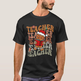 Teacher Christmas Groovy Retro Gingerbread Reading T-Shirt