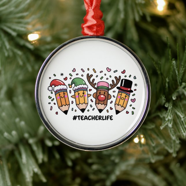 Teacher Christmas Pencils Teacher Life Merry Xmas  Metal Ornament (Tree)