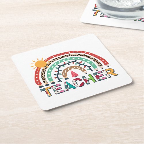 Teacher Christmas Rainbow Light Christmas Square Paper Coaster
