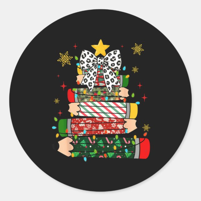 Teacher Christmas Tree Lights Pencil Leopard Print Classic Round Sticker (Front)