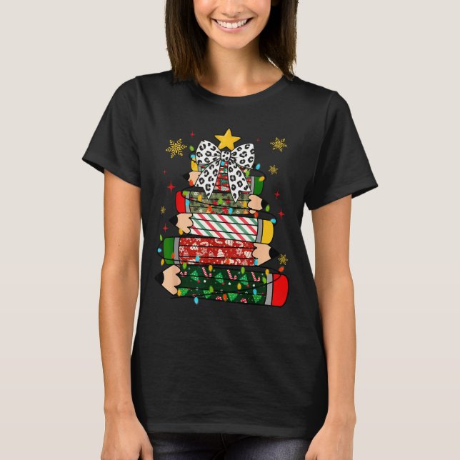 Teacher Christmas Tree Lights Pencil Leopard Print T-Shirt (Front)