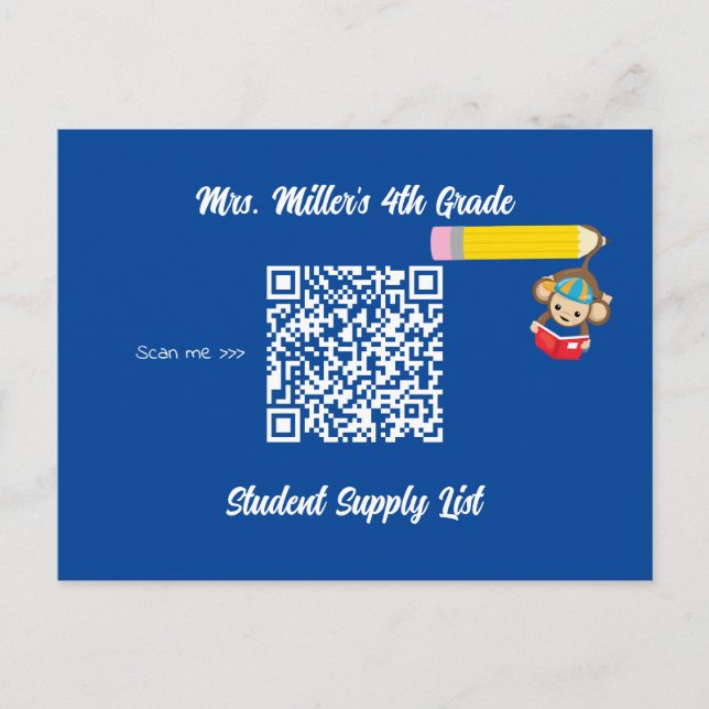 Teacher Classroom Supply List QR Code Monkey Postcard (Front)